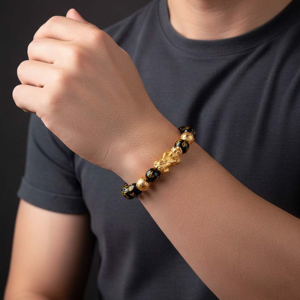 Person wearing Obsidian Pixiu Mantra Bracelet for Buddhist cultural heritage and spiritual symbolism