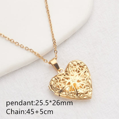Gold openwork heart photo locket necklace with pendant and chain