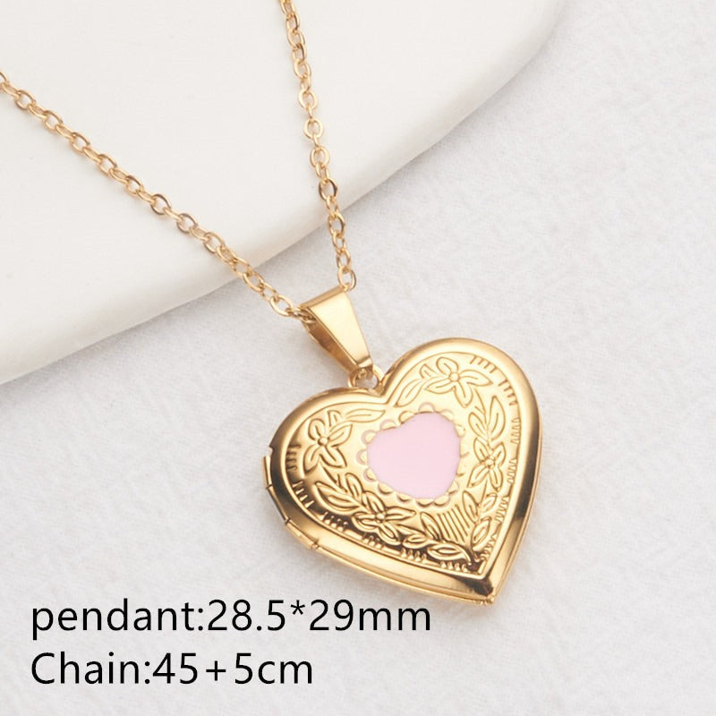 Gold pink enamel heart photo locket necklace with pendant and chain