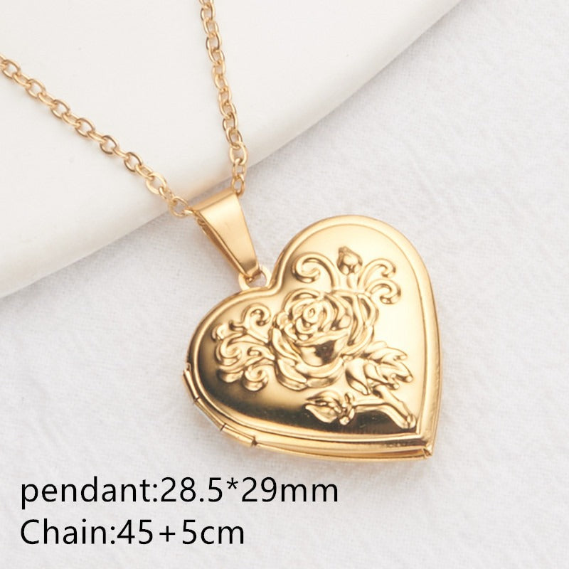 Gold rose flower heart photo locket necklace with pendant and chain