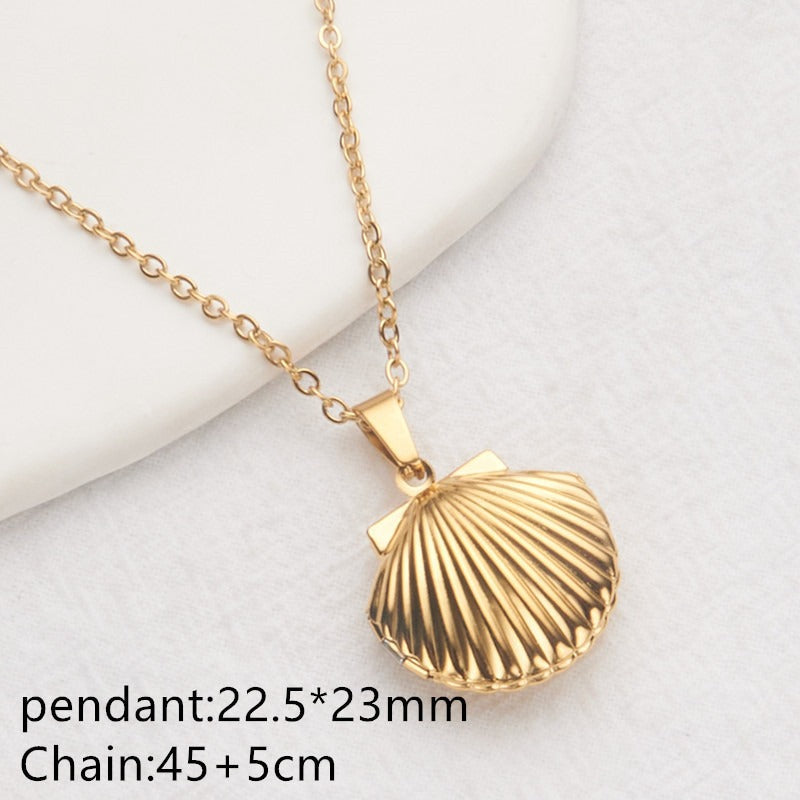 Gold shell heart photo locket necklace with pendant and chain
