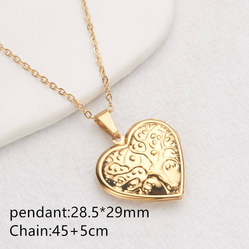 Gold tree of life heart photo locket necklace with pendant and chain