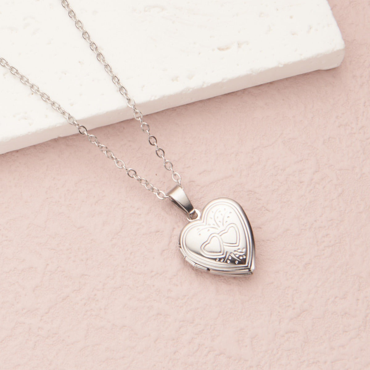 Silver large double heart 29*29mm photo locket necklace with pendant and chain