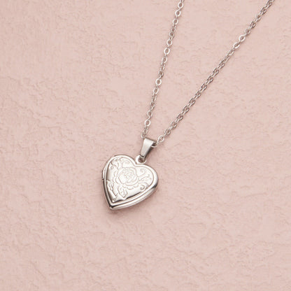 Silver large flower heart 29*29mm photo locket necklace with pendant and chain
