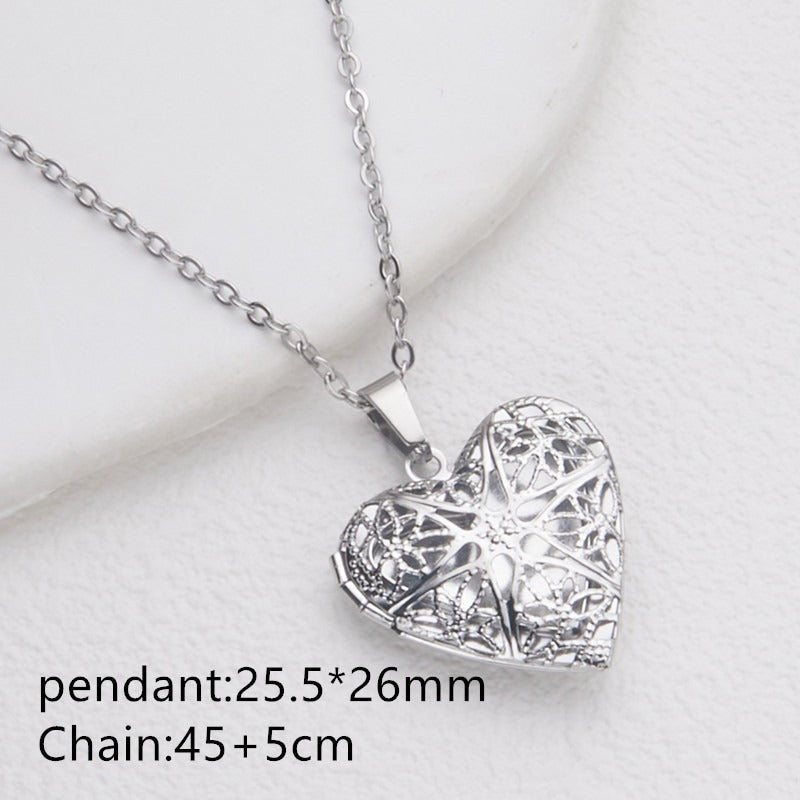 Silver openwork heart photo locket necklace with pendant and chain