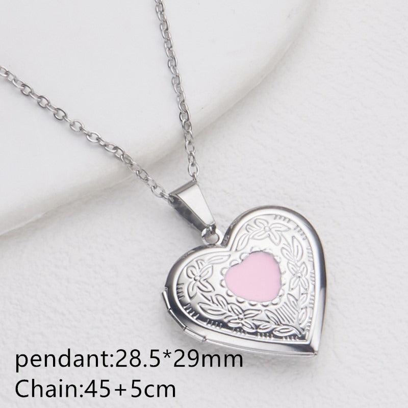 Silver pink enamel heart photo locket necklace with pendant and chain