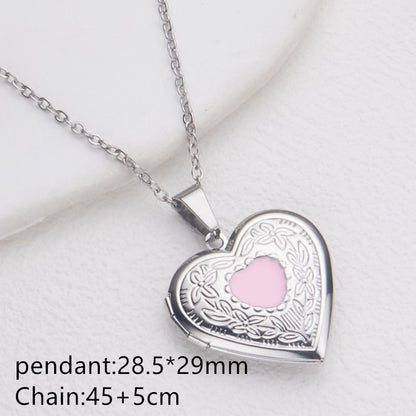Silver pink enamel heart photo locket necklace with pendant and chain