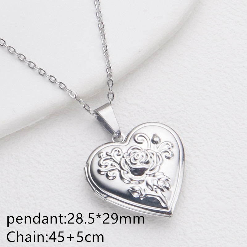 Silver rose flower heart photo locket necklace with pendant and chain