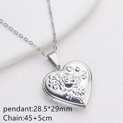 Silver rose flower heart photo locket necklace with pendant and chain