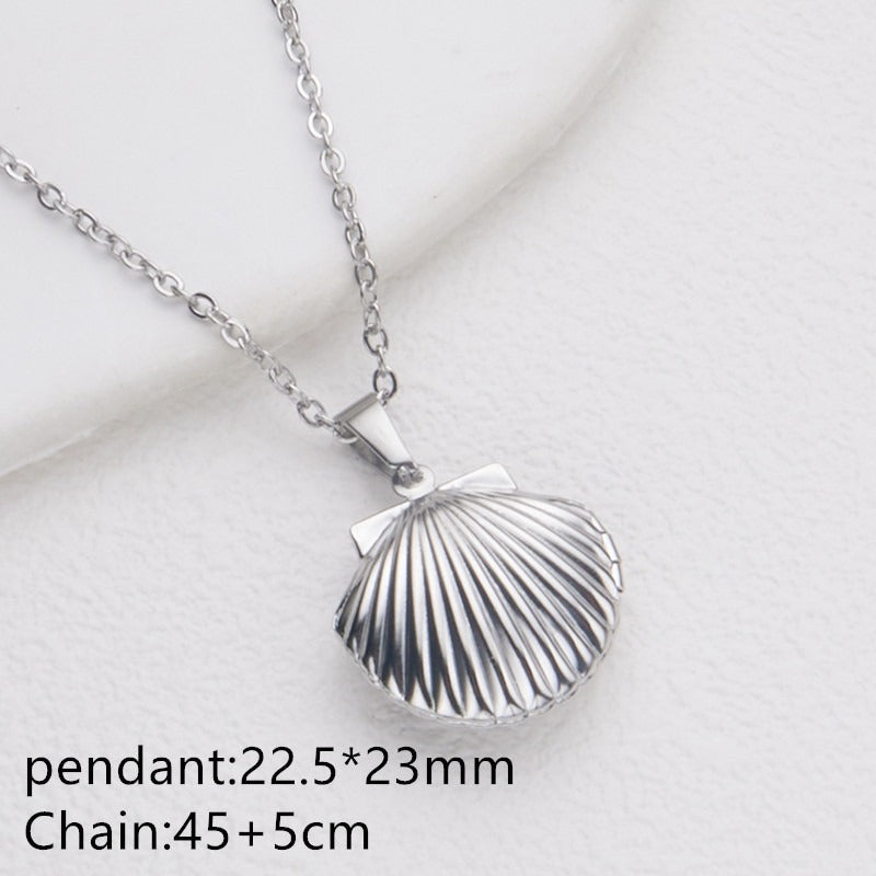 Silver shell heart photo locket necklace with pendant and chain