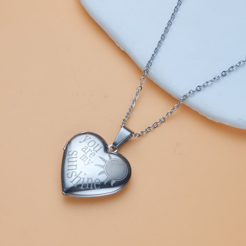 Silver sun heart photo locket necklace with pendant and chain