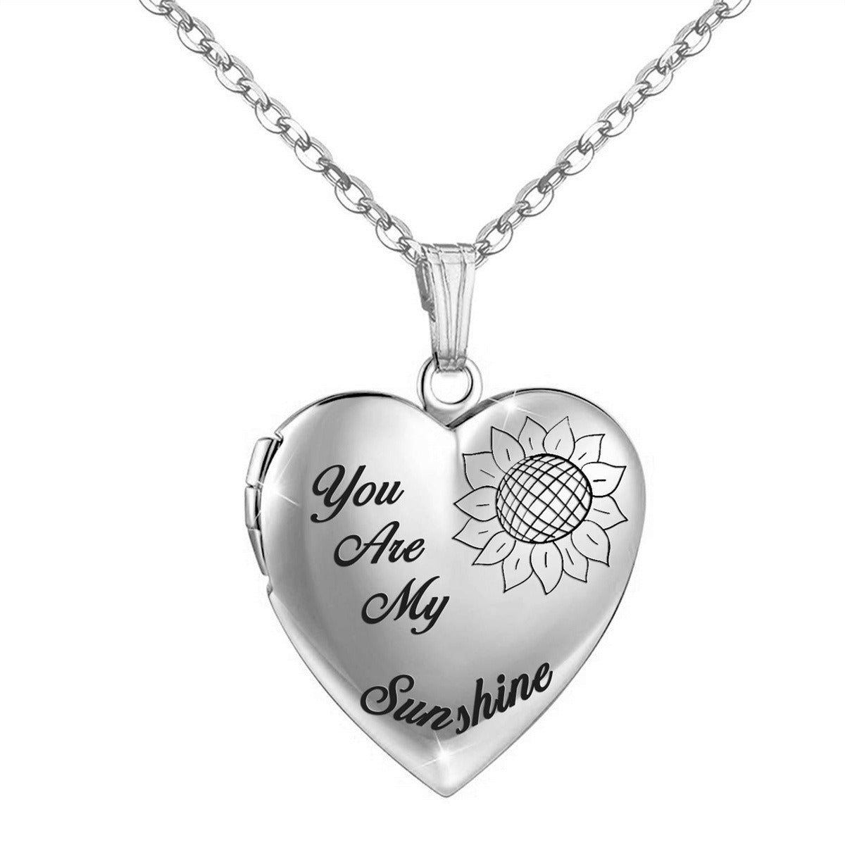 Silver sunflower heart photo locket necklace with pendant and chain