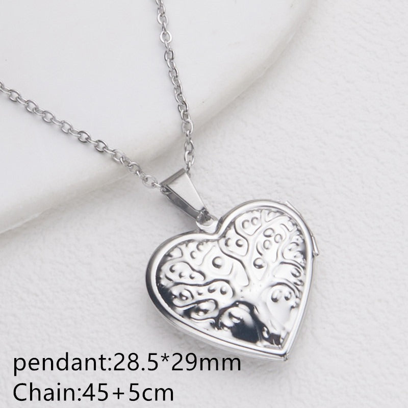 Silver tree of life heart photo locket necklace with pendant and chain