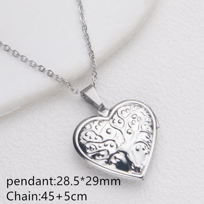 Silver tree of life heart photo locket necklace with pendant and chain