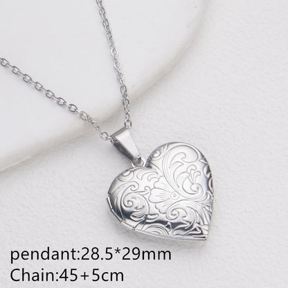 Silver wave heart photo locket necklace with pendant and chain