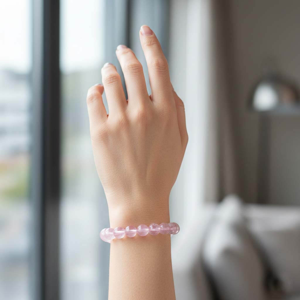 Woman wearing Pink Quartz Crystal Bracelet for elegant daily lifestyle with self-love