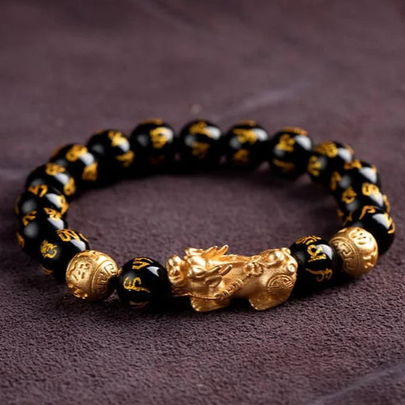 TrueZenBeads Feng Shui bracelet with golden Pixiu charm and black obsidian beads for money luck
