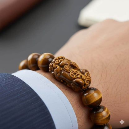 Hand Carved Pixiu Charm with Prosperity Coins on Natural Tiger Eye Bracelet
