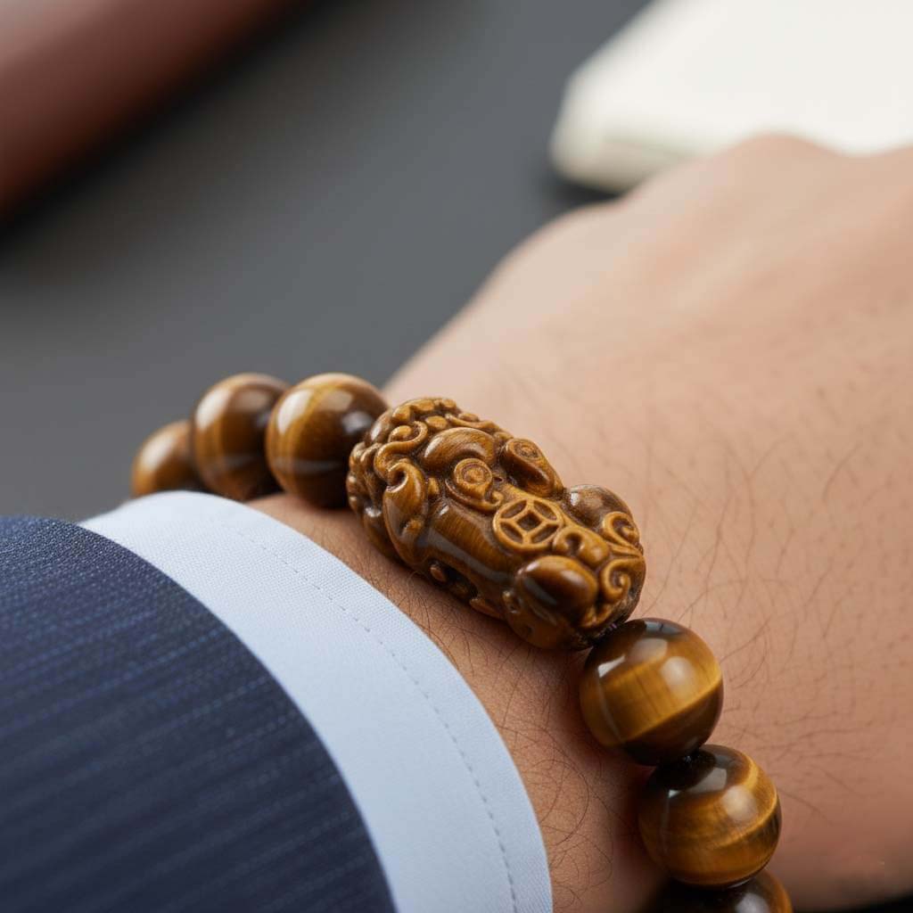 Hand-carved Pixiu charm with traditional coin motif detail on natural Tiger Eye bracelet