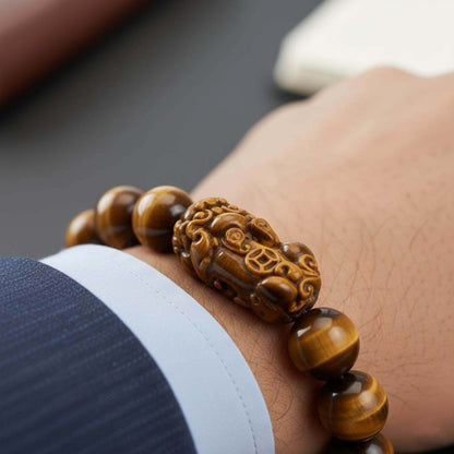 Hand-carved Pixiu charm with traditional coin motif detail on natural Tiger Eye bracelet