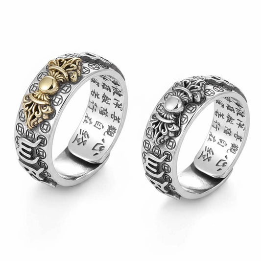 Comparison of Pixiu rings in gold and vintage metallic tone finishes, showing color options and artisan details