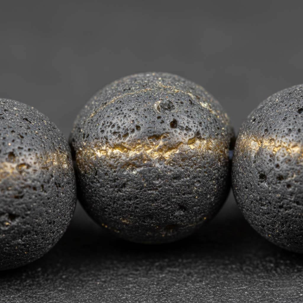 Extreme close-up of raw gold obsidian beads showing natural matte surface texture and subtle golden sheen - unpolished authentic volcanic stone
