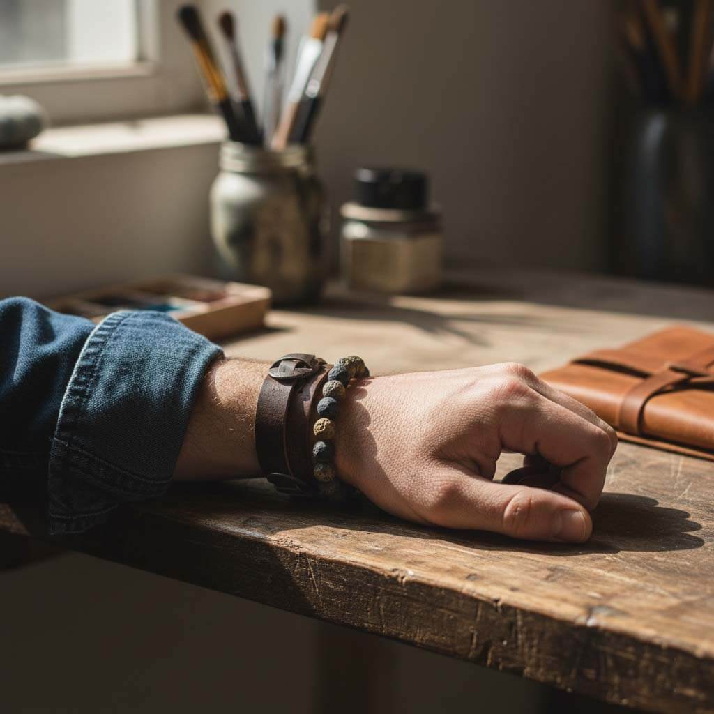 Man wearing raw gold obsidian bracelet in casual setting - natural matte protection wealth stone for masculine style