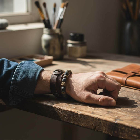 Man wearing raw gold obsidian bracelet in casual setting - natural matte protection wealth stone for masculine style