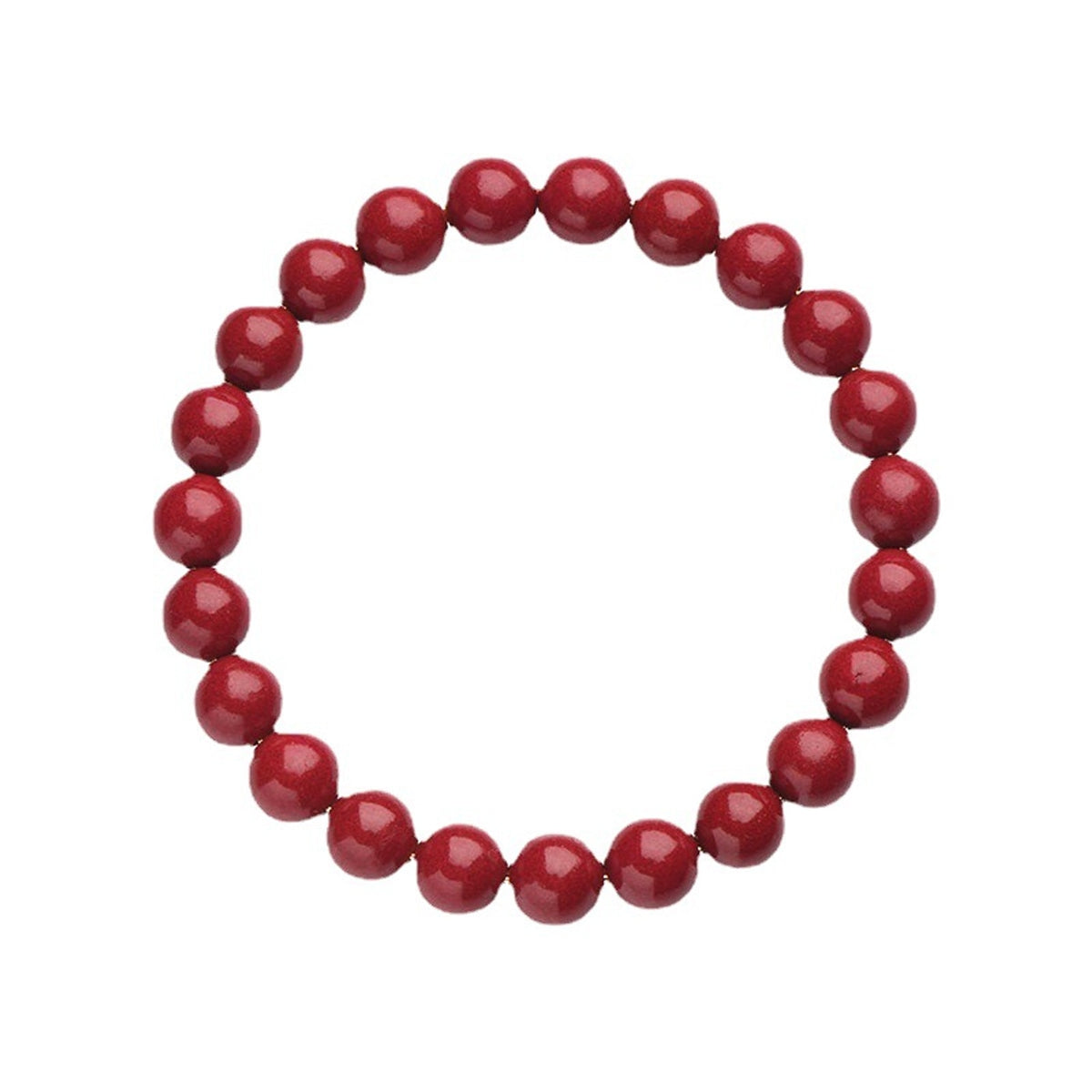 Red cinnabar style beaded stretch bracelet on a clean white background