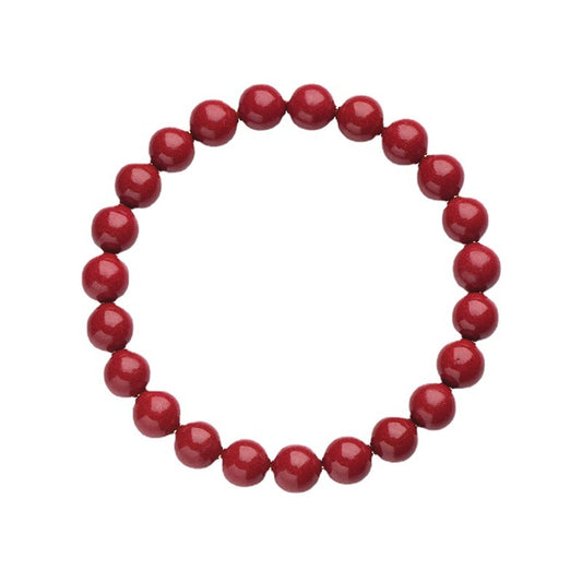 Red cinnabar style beaded stretch bracelet on a clean white background