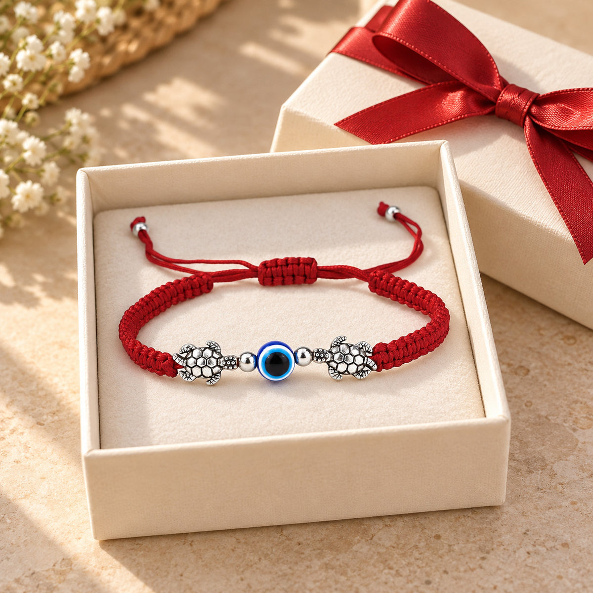 Red string turtle evil eye bracelet presented in a gift box