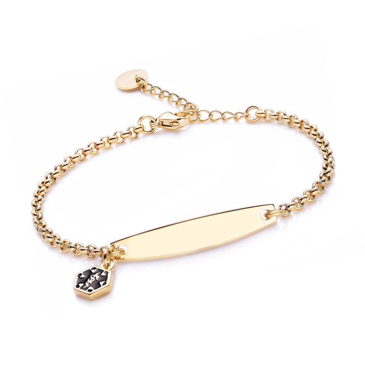 Gold rolo chain medical alert ID bracelet with blank custom-ready plate