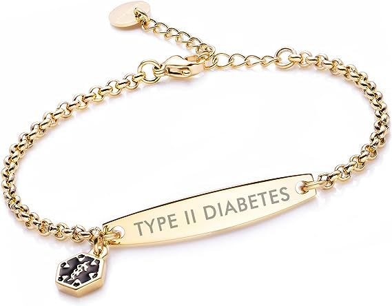 Gold rolo chain medical alert ID bracelet with Type 2 Diabetes engraving