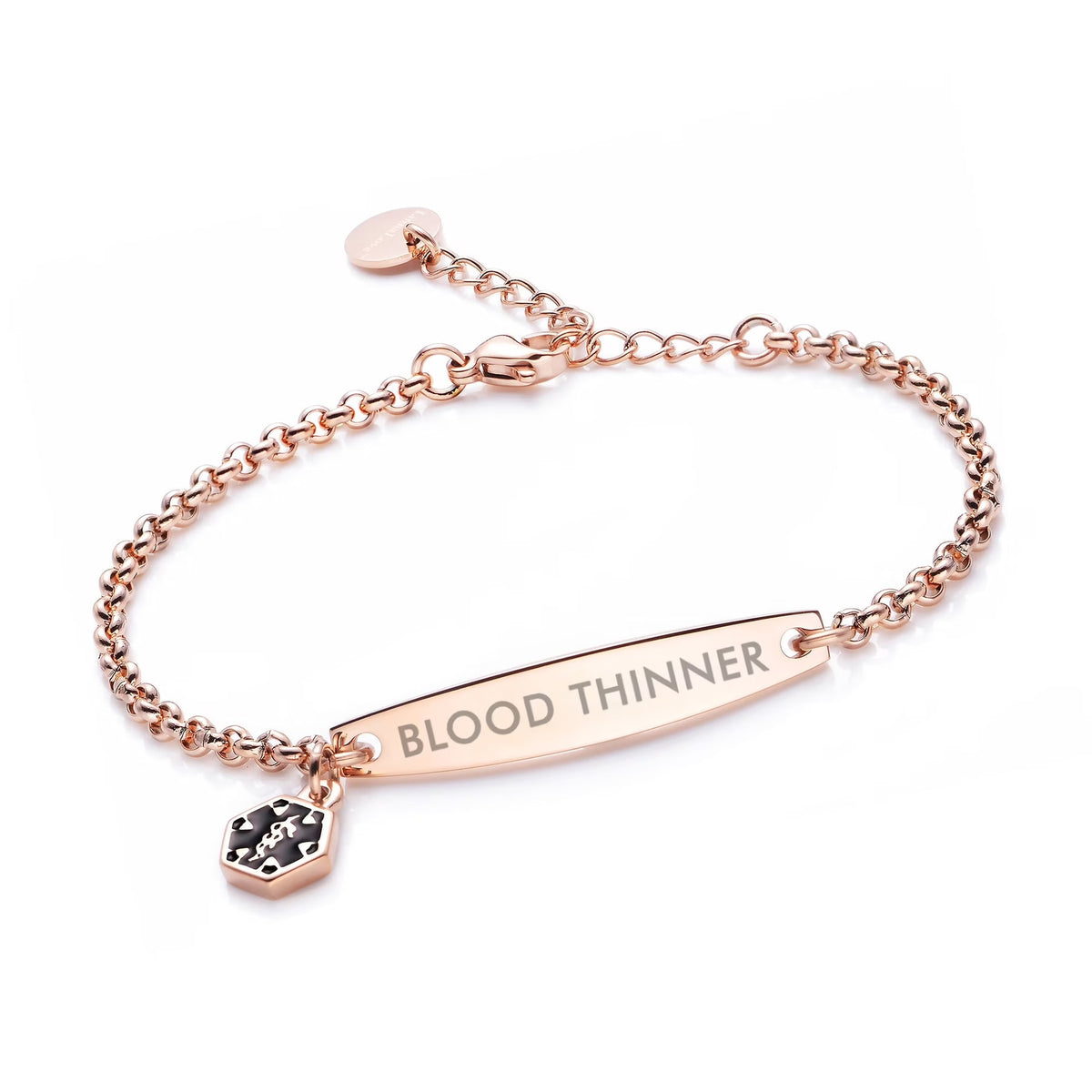 Rose gold rolo chain medical alert ID bracelet with Blood Thinner engraving
