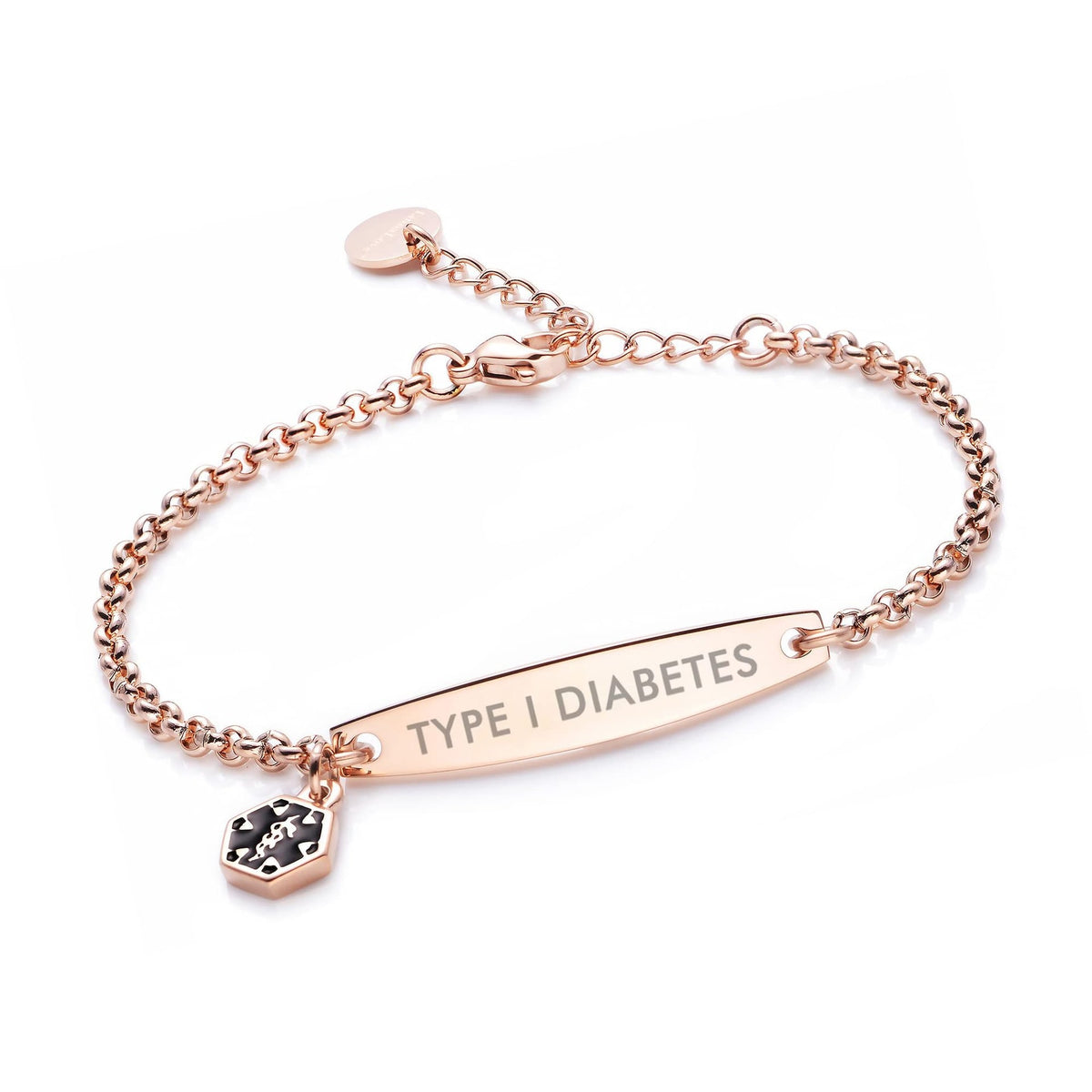 Rose gold rolo chain medical alert ID bracelet with Type 1 Diabetes engraving