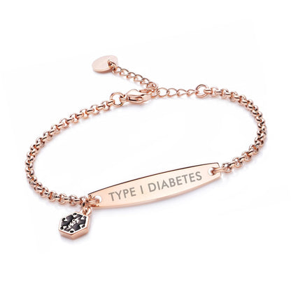 Rose gold rolo chain medical alert ID bracelet with Type 1 Diabetes engraving