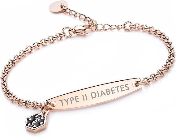 Rose gold rolo chain medical alert ID bracelet with Type 2 Diabetes engraving