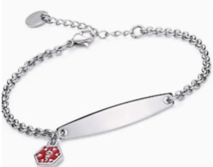 Silver rolo chain medical alert ID bracelet with blank custom-ready plate