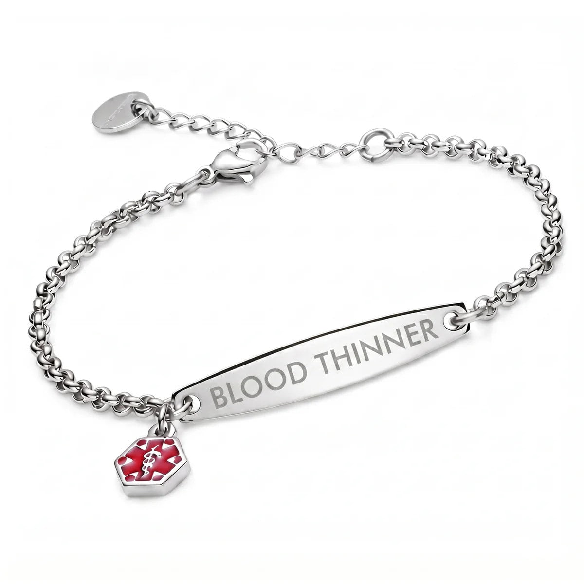 Silver rolo chain medical alert ID bracelet with Blood Thinner engraving