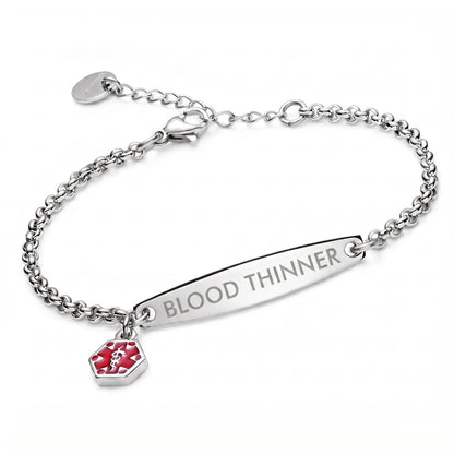 Silver rolo chain medical alert ID bracelet with Blood Thinner engraving