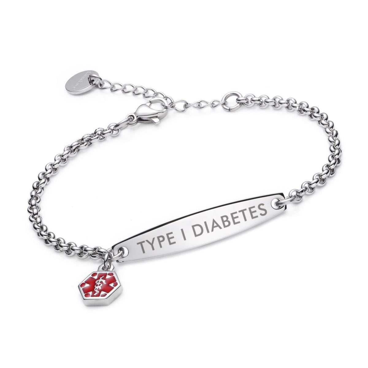 Silver rolo chain medical alert ID bracelet with Type 1 Diabetes engraving