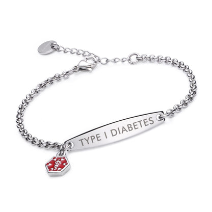 Silver rolo chain medical alert ID bracelet with Type 1 Diabetes engraving
