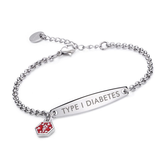 Silver rolo chain medical alert ID bracelet with Type 1 Diabetes engraving