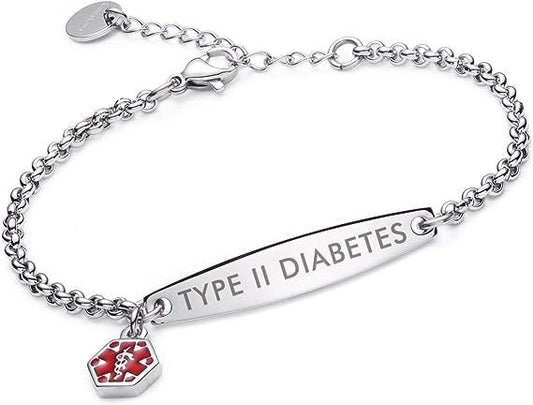 Silver rolo chain medical alert ID bracelet with Type 2 Diabetes engraving