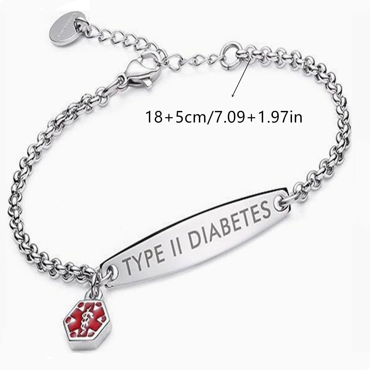 Rolo chain medical alert bracelet clasp and ID charm detail