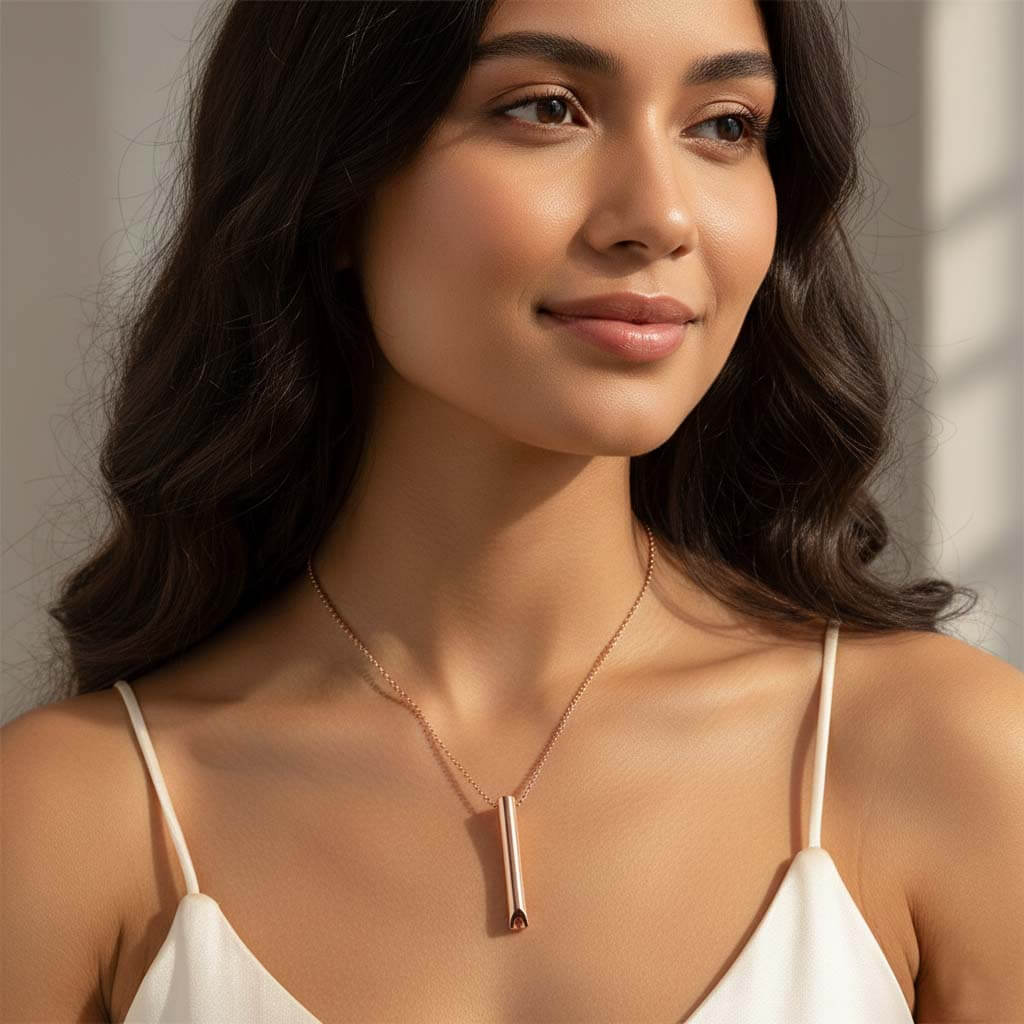 Lifestyle view of rose gold whistle pendant necklace at mid-chest length with 70cm stainless steel chain and minimalist cylindrical design