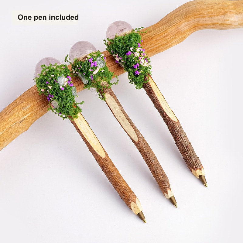 Rose Quartz Crystal Ball Moss Wand Wood Ballpoint Pen with natural wood body and decorative crystal accent
