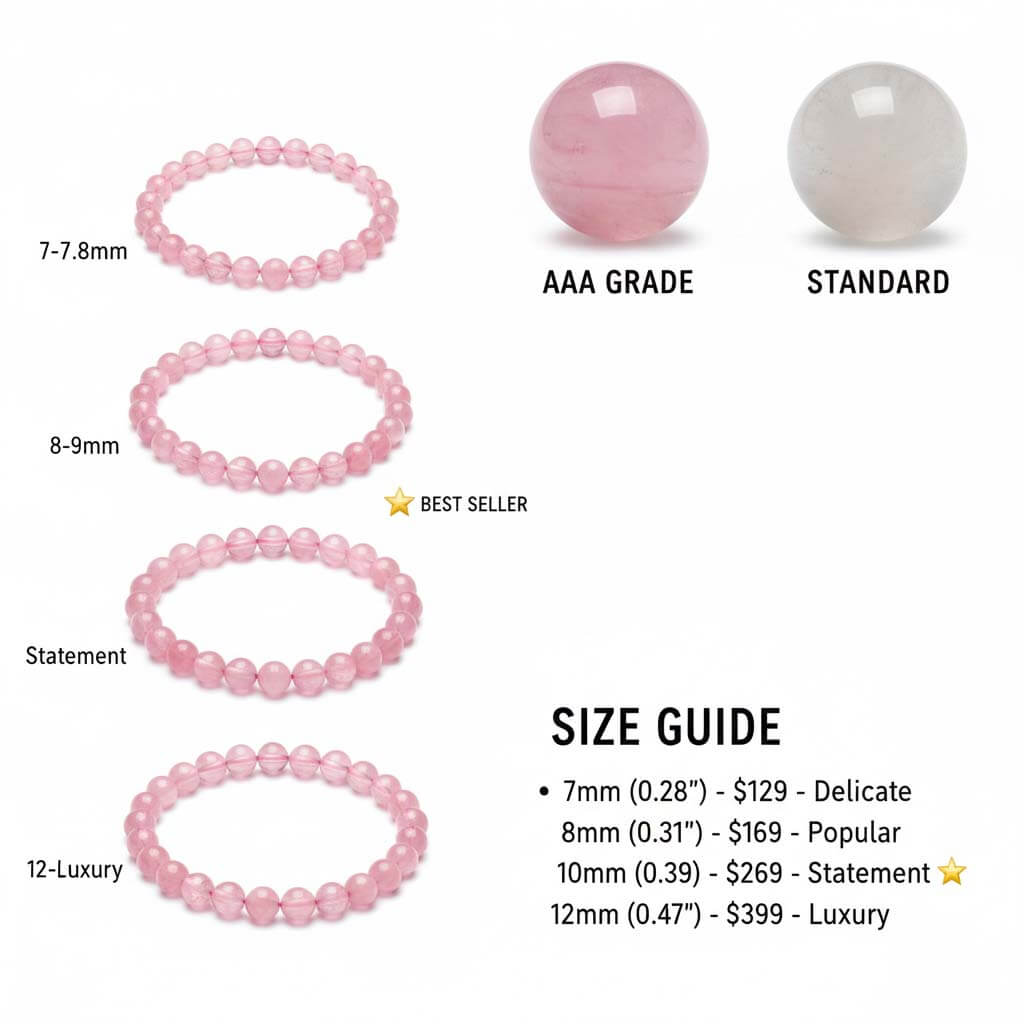 Physical size comparison chart for Rose Quartz beads, showing the scale of nine sizes from 5mm to 20mm for accurate selection.