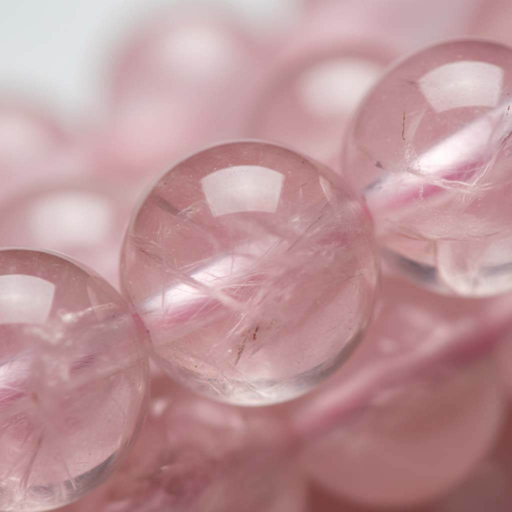 Close-up of Rose Quartz beads showing warm peachy translucent clarity and grapefruit pink glow