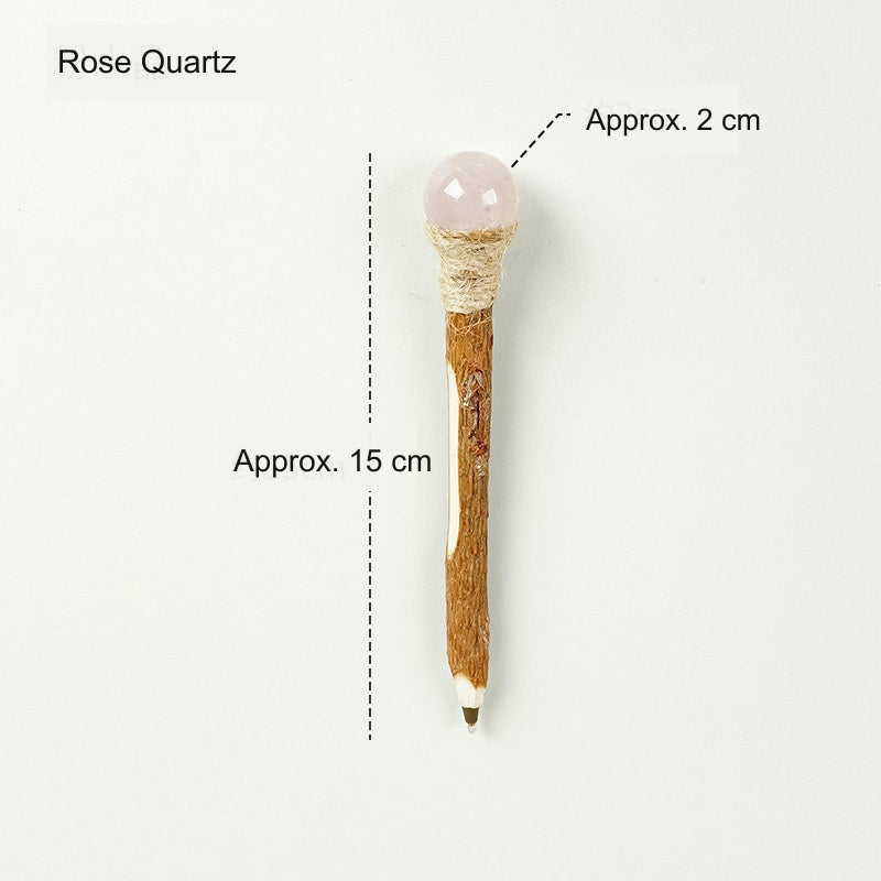 Rose Quartz Crystal Ball Wood Ballpoint Pen with natural wood body and decorative crystal accent